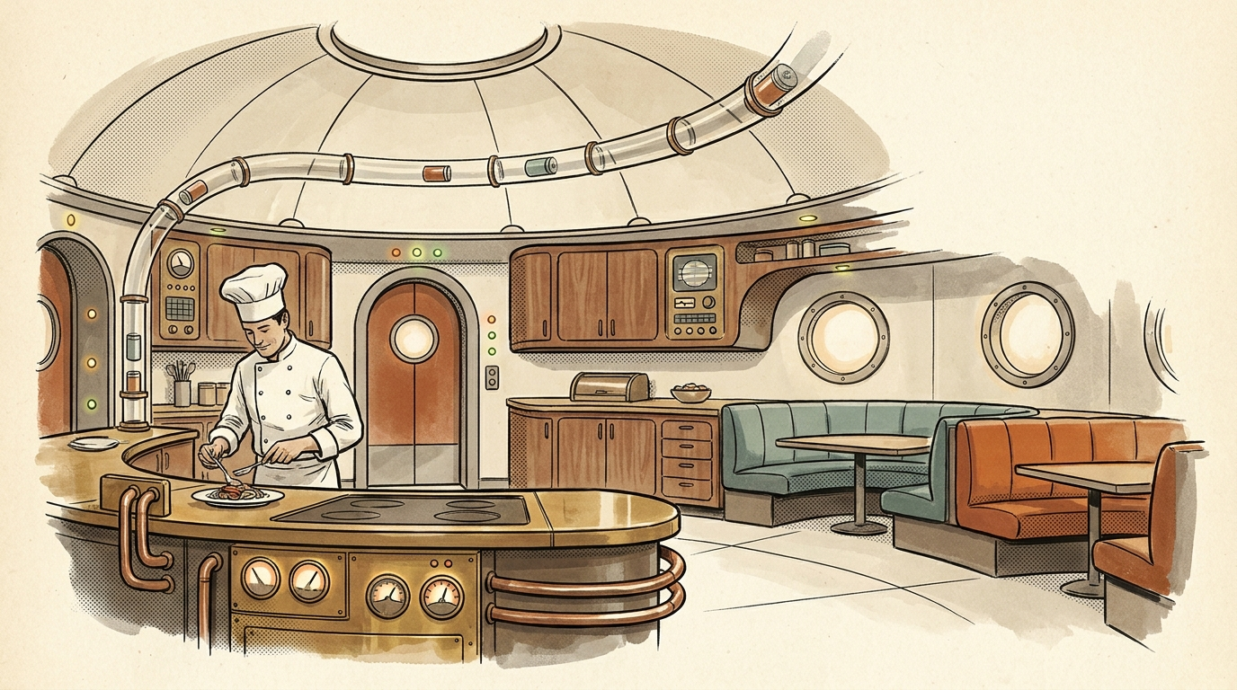 A retro-futurist domed kitchen with copper cooking surfaces, a chef plating a dish, and curved booths in teal and rust